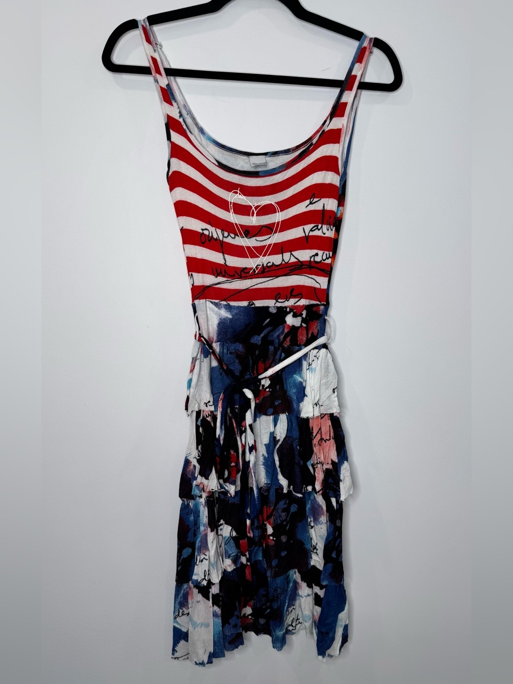 Desigual artsy Striped Red Multi-Print Sleeveless Midi Dress ruffle tiered